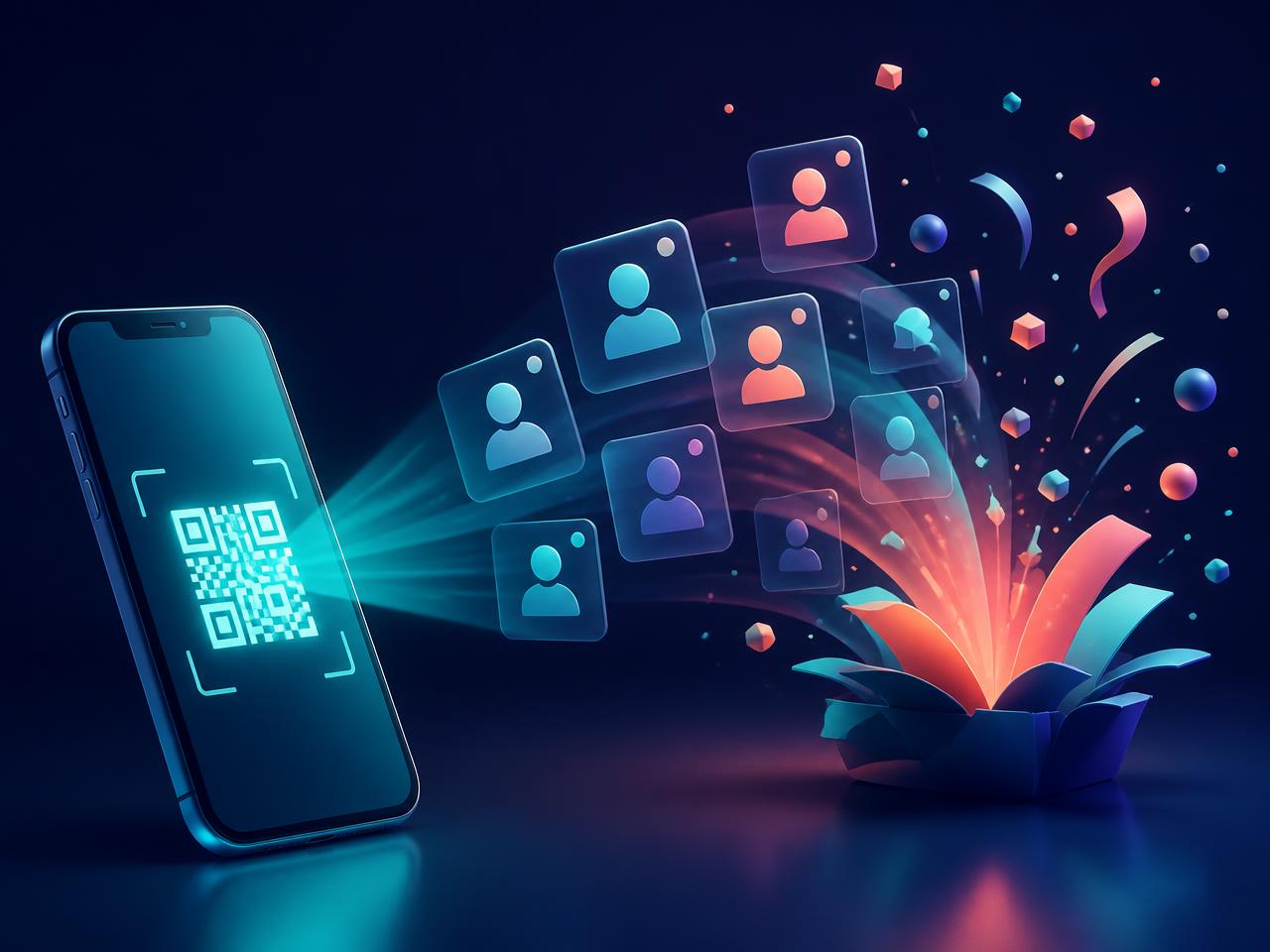 Un celular escaneando un código QR y participantes entrando a una actividad
